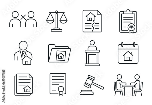 Legal Litigation Icons. Outline vector icons of real estate litigation: dispute icon, legal scales, breach of