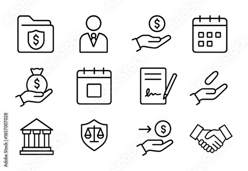 Escrow Icons Grid. Outline vector icons of escrow and settlement process: escrow file, neutral agent, deposit
