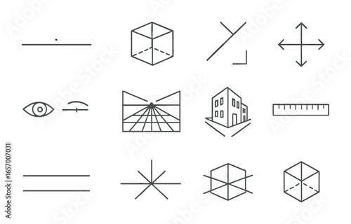 Perspective Drawing Icons. Outline vector icons of perspective drawing: horizon line, vanishing point, cube
