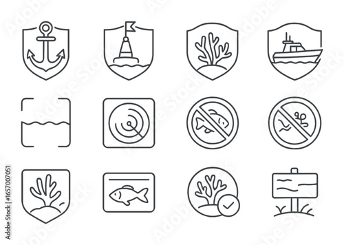 Marine Reserve Icons. Outline vector icons of protected marine reserves: anchor icon, buoy marker, coral icon,