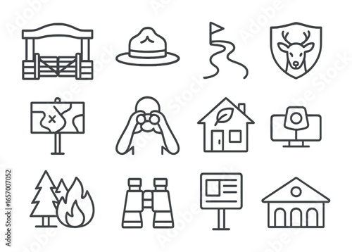 National Park Icons Grid. Outline vector icons of national park preservation: park gate, ranger hat, hiking