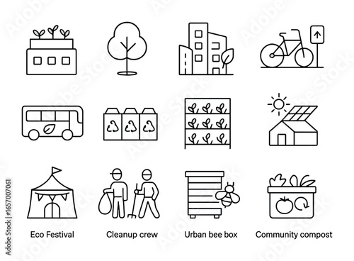Urban Green Icons. Outline vector icons of urban green initiatives: rooftop garden, city tree, green building,