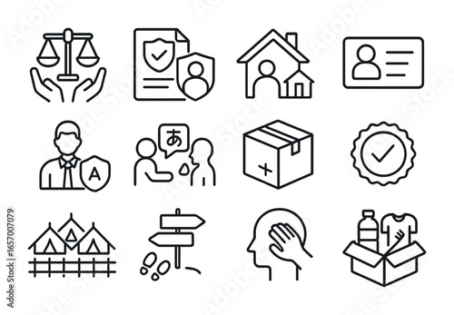 Refugee Support Icons. Outline vector icons of refugee and asylum support: legal aid, protection document,