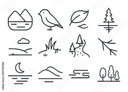Nature Silence Icons. Outline vector icons of silence in nature: mountain lake, bird silhouette, leaf drift,