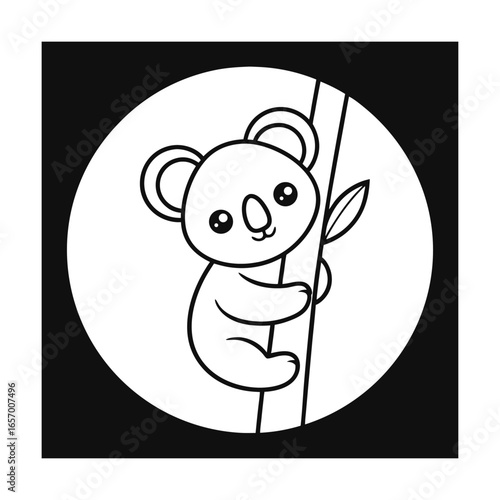 Cute cartoon koala clinging to a branch with a leaf in a circle animal simple