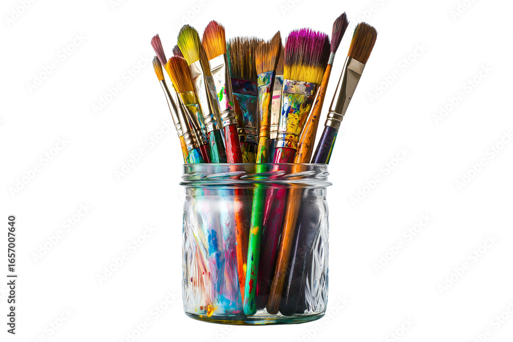 Naklejka premium Colorful Paint Brushes in Glass Jar on Transparent Background. Art Brushes Set in Clear Glass Container Isolated PNG.
