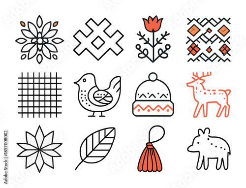 Folk Embroidery Icons. Outline vector icons of traditional folk embroidery: floral burst, heritage symbol,