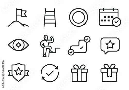 Fitness Icons Grid. Outline vector icons of fitness goal-setting apps: goal flag, progress ladder, completion