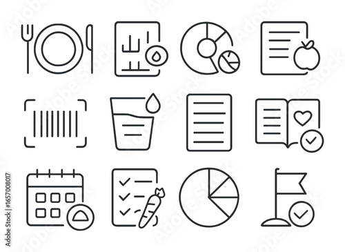 Nutrition App Icons. Outline vector icons of nutrition and meal tracking apps: meal plate, calorie chart,