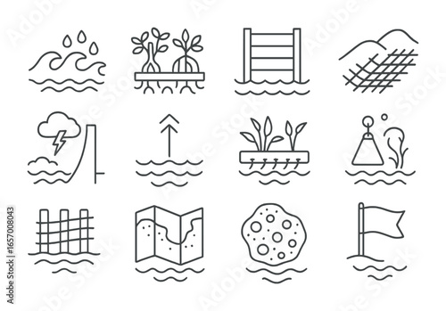 Coastal Protection Icons. Outline vector icons of coastal resilience structures: wave buffer, mangrove raft,