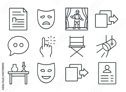 Drama Performance Icons. Outline vector icons of live drama performances: script page, dramatic mask, stage