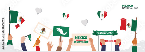mexico Independence Day Design, independence attributes, 16 september design with people holding flags and maps, mexico people fighting and celebrating independence