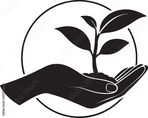 Hand holding a growing plant in a circle isolated on a white background