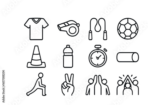Sports Icon Grid. Outline vector icons of sports and physical activities: team jersey, whistle icon, jump rope
