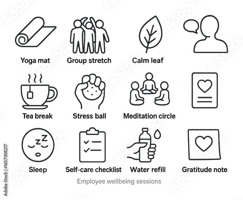 Employee Wellbeing Icons. Outline vector icons of employee wellbeing sessions: yoga mat, group stretch, calm