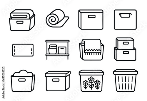 Fabric Storage Icons. Outline vector icons of fabric bins for soft item storage: folded blanket, rolled towel,