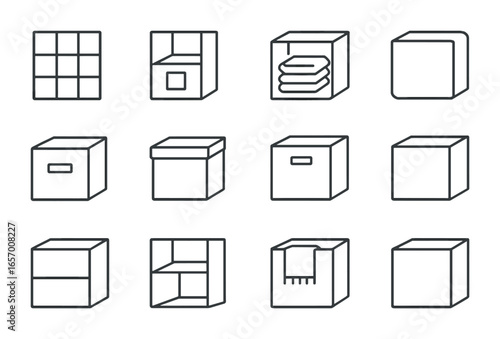 Storage Cube Icons. Outline vector icons of multipurpose storage cubes: storage grid, shelf fit, folded items,