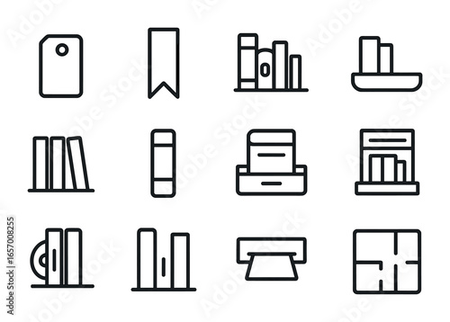 Library Icon Set. Outline vector icons of library shelving systems: Dewey tag, shelf marker, section icon,