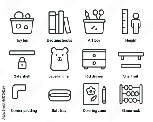 Children's Room Icons. Outline vector icons of children’s room shelf zoning: toy bin, bedtime books, art box,