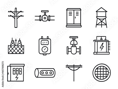 Utility Infrastructure Icons. Outline vector icons of public utilities infrastructure: power pole, gas pipe,