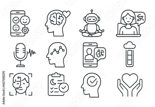 AI Mental Health Icons. Outline vector icons of AI in mental health care: mood tracker, emotion icon,