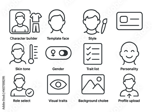 Virtual Identity Icons. Outline vector icons of virtual identity creation: character builder, template face,