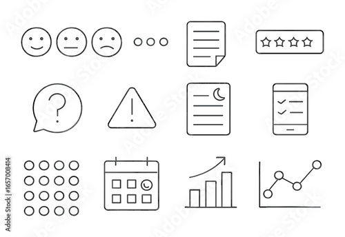 Mental Health Icons. Outline vector icons of mental health check-ins: emoji faces, status dots, daily log,
