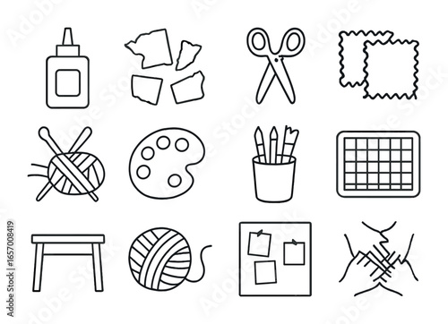 Craft Night Icons. Outline vector icons of hosting a craft night: glue bottle, paper scraps, scissors, fabric