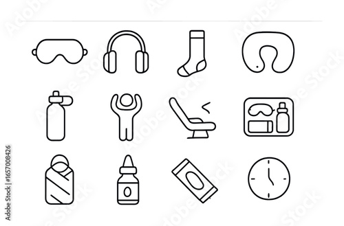 Flight Comfort Icons. Outline vector icons of long-haul flight comfort: sleep mask, noise-canceling headphones