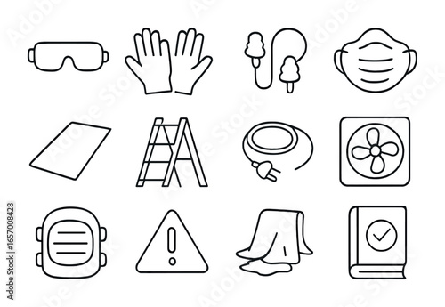 Kitchen Safety Icons Grid. Outline vector icons of kitchen safety during installation: safety goggles, gloves,