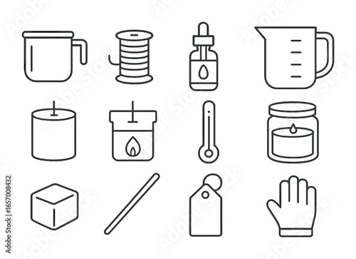Candle Making Icons. Outline vector icons of candle making event: wax pot, wick spool, fragrance bottle,