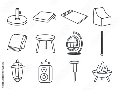 Garden Furniture Icons. Outline vector icons of garden furniture accessories: umbrella base, seat cushion,