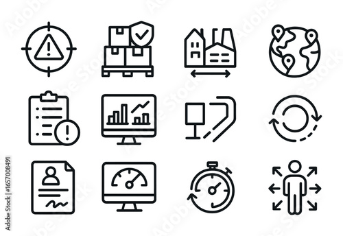 Supply Chain Icons. Outline vector icons of supply chain resilience: risk assessment, buffer stock, dual