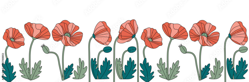 Obraz premium A row of stylized poppy flowers with red petals and green leaves on a white background illustration design