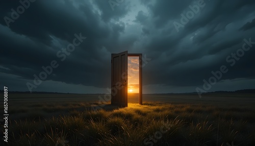 A glowing open door standing alone in a vast field under a stormy sky, with warm light spilling out from within

