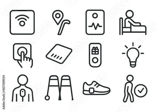 Mobility Aid Icons. Outline vector icons of fall prevention and mobility aids: motion floor sensor, cane with