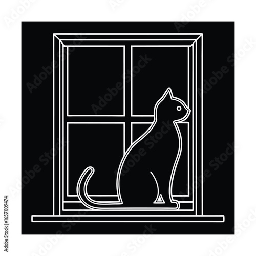 Cat silhouette sitting windowsill outlined in animal domestic