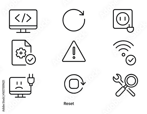 IT Troubleshooting Icons. Outline icon set of IT troubleshooting steps: error code, restart icon, plug and
