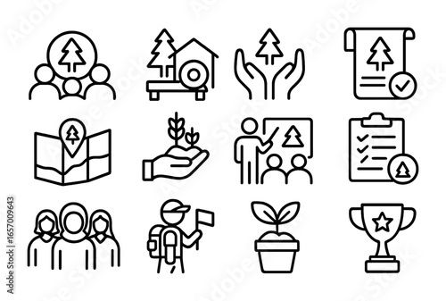 Community Forestry Icons. Outline icon set of community forestry initiatives: co-op logo, communal sawmill,