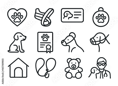 Support Animal Icons. Outline icon set of emotional support animals: heart paw, therapy harness, pet ID card,