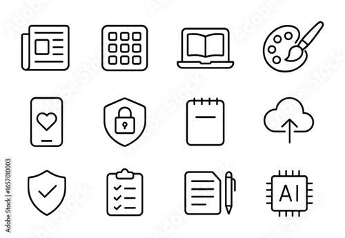 Subscription Icon Set. Outline icon set of subscription categories: news subscription, productivity apps,