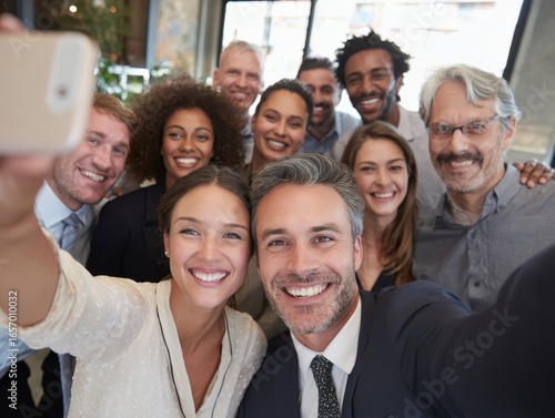 Friendly group of happy colleagues taking a group selfie photo at a corporate event