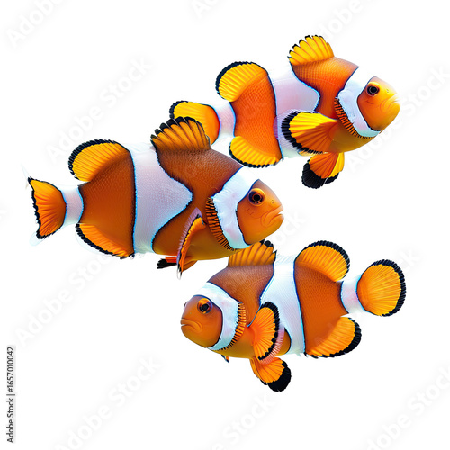 Three clownfish in a close-up, side-by-side pose against a black background.  Their vibrant orange and white stripes are distinct, and their fins are detailed