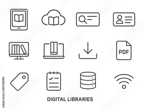 Digital Library Icons. Outline icon set of digital libraries: eBook reader, cloud archive, search bar, library