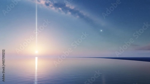 Time-lapse of day to night transition over a serene ocean with light beam effect and star field