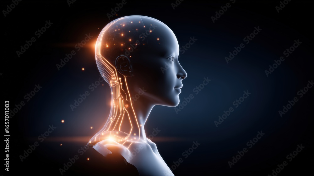 Obraz premium Digital Silhouette of Head with Glowing Particles and Light Effects