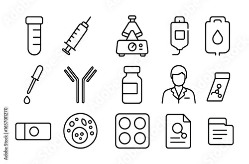 Medical Lab Icons. Outline icon set of medical lab research: test vial, syringe, centrifuge, blood bag, slide
