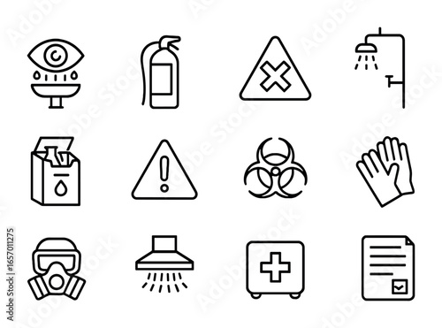 Laboratory Safety Icons. Outline icon set of laboratory safety: eye wash station, fire extinguisher, hazard