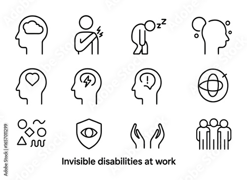 Invisible Disabilities Icons. Outline icon set of invisible disabilities at work: brain fog, chronic pain,