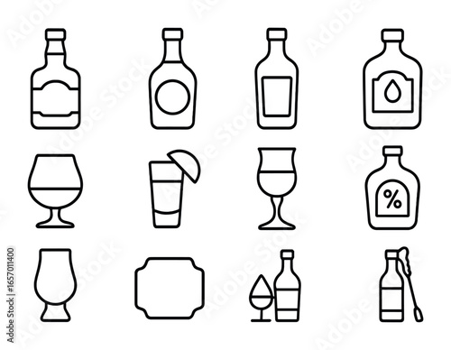 Liquor Icon Grid. Outline icon set of spirits and liquors: whiskey bottle, rum bottle, vodka bottle, gin